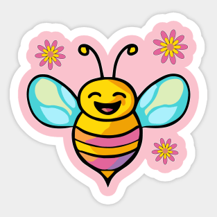 Happy smiling baby bee with flowers. Kawaii cartoon Sticker